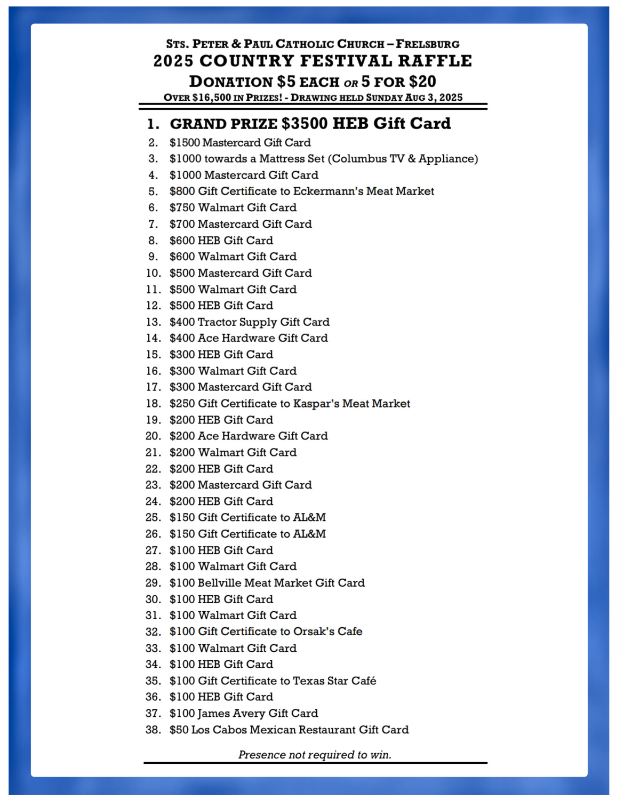 Sts. Peter & Paul (Frelsburg) 2025 Festival Raffle | Raffle Creator